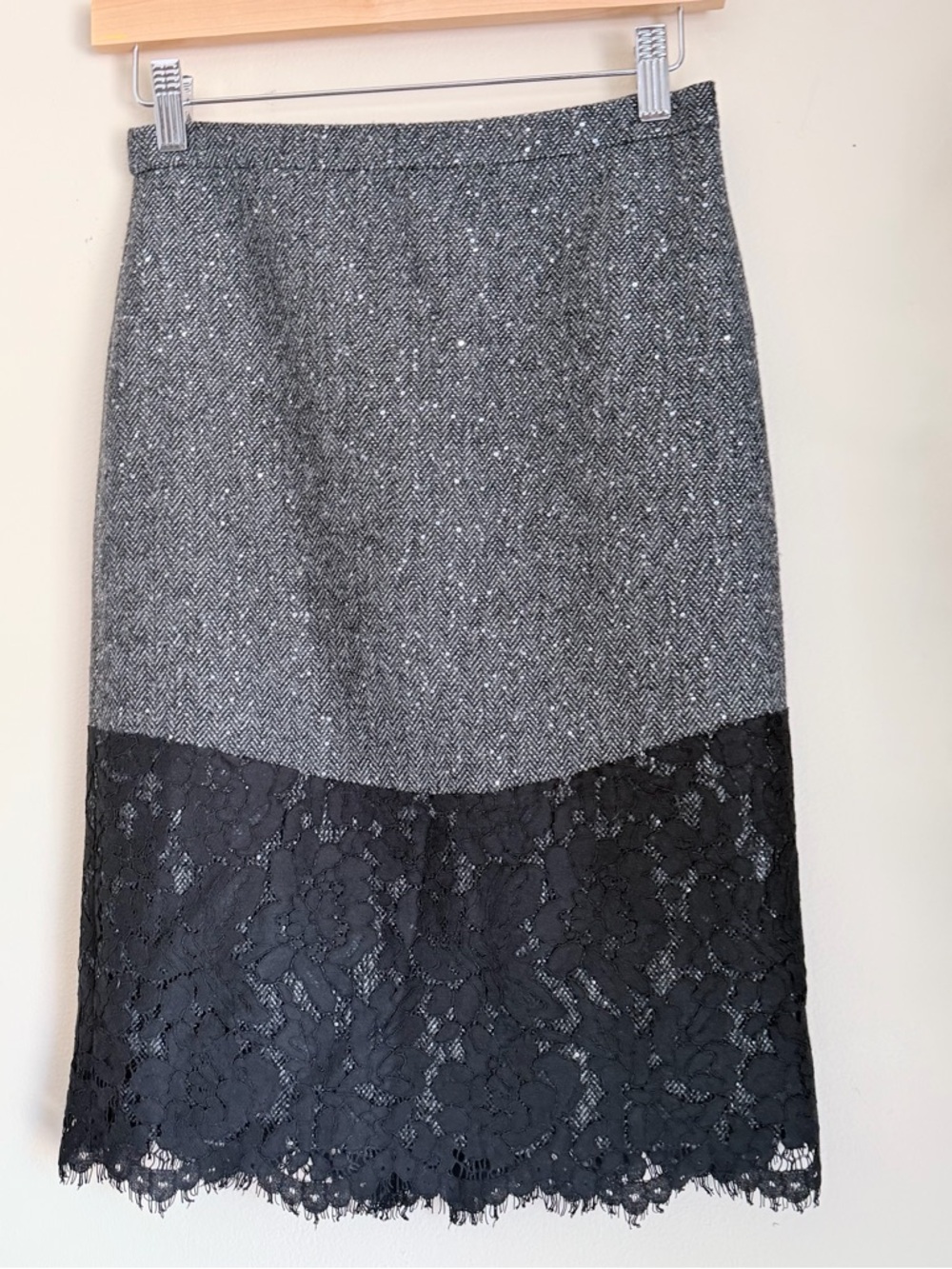 J. Crew Gray Tweed Pencil Skirt with Black Lace Panel